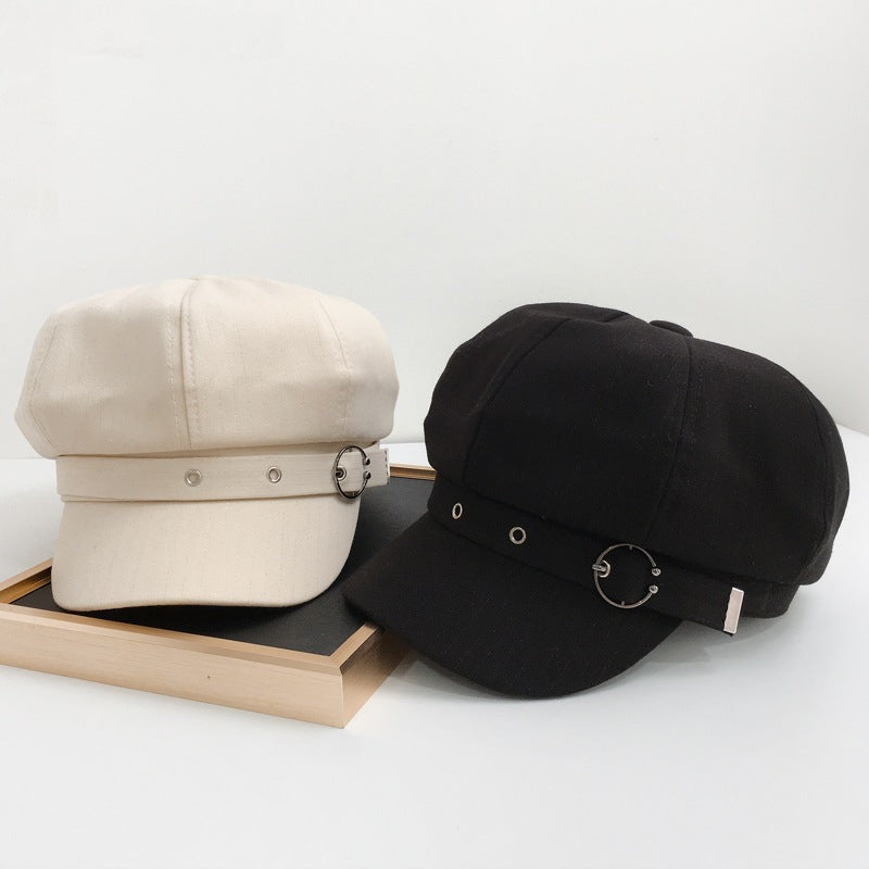 Women's Retro Fashion Metal Ring Buckle Bright Silk Beret
