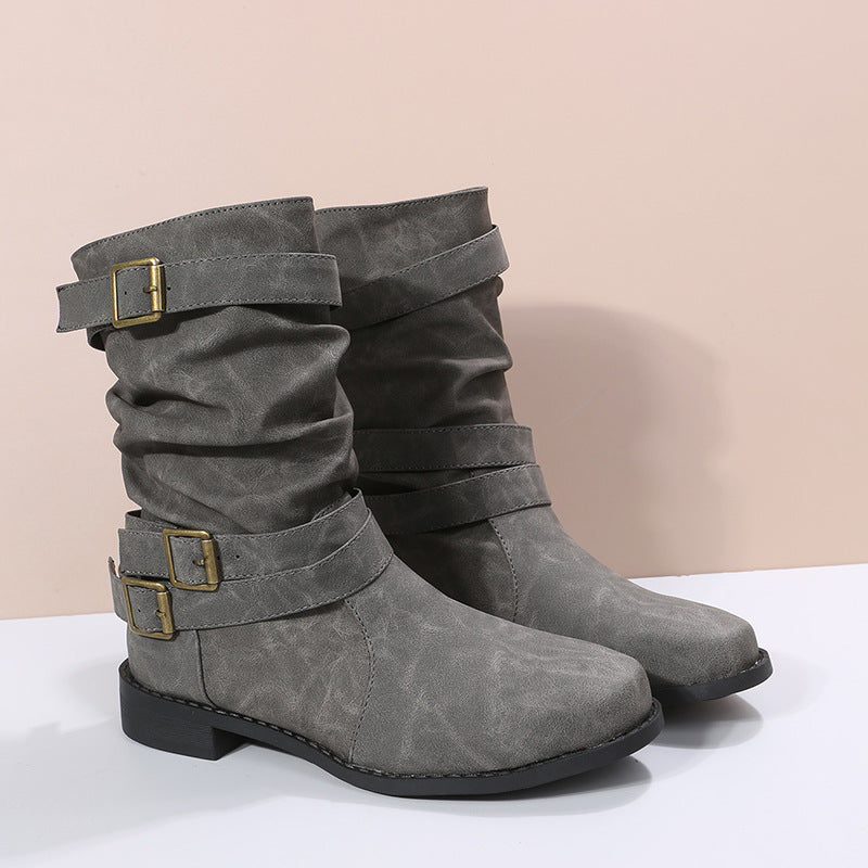 Women's European And American Vintage Martin Belt Buckle Oversize Boots