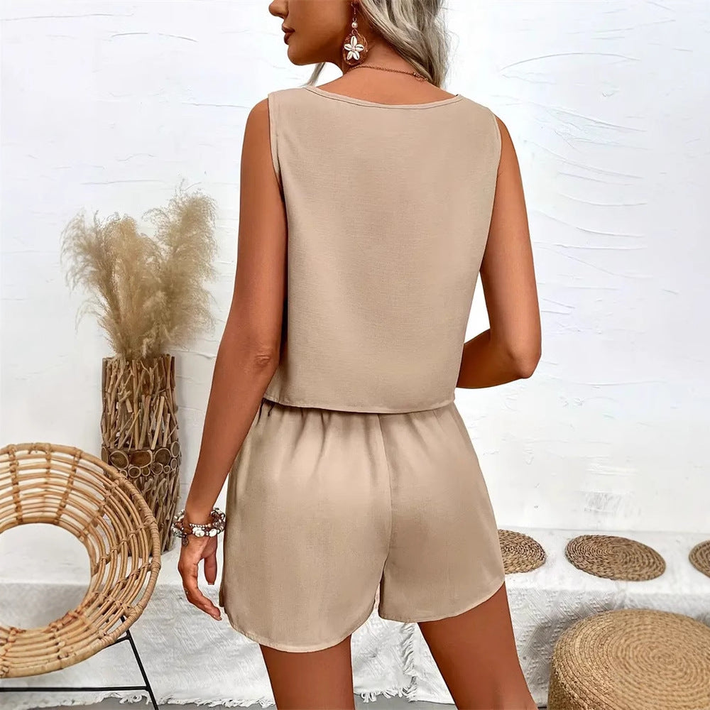 Womens Outerwear Two-Piece Set Solid-Color Button-Embellished Pants And Top For Women