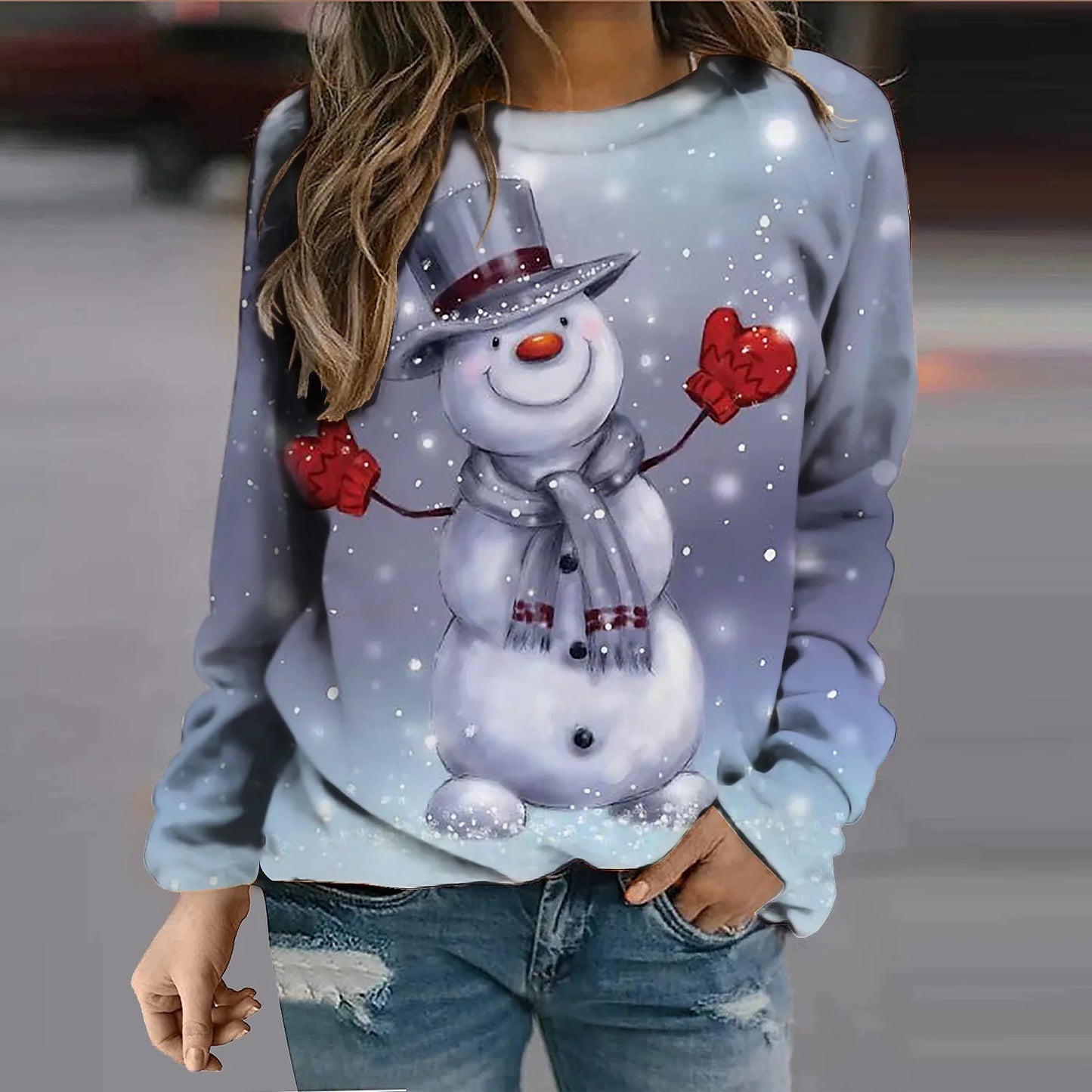 European And American Snowman Printed Crew Neck Sweatshirt
