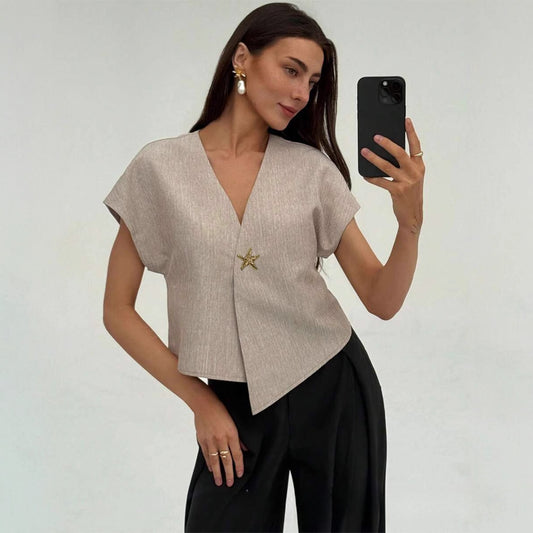 Wide-shoulder Waist-cinching Irregular Hem V-neck Slimming Sleeved Top