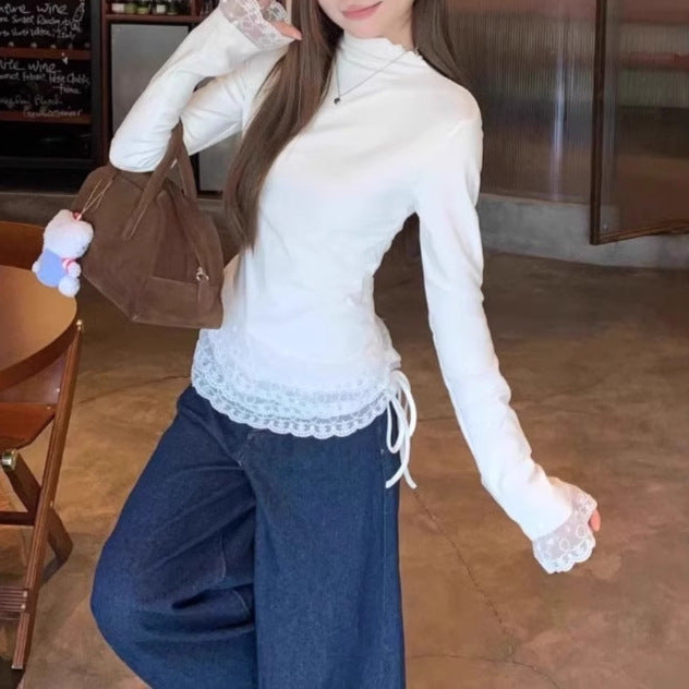 Womens Solid-Color Duvet Lace Mock Neck Top With Ties