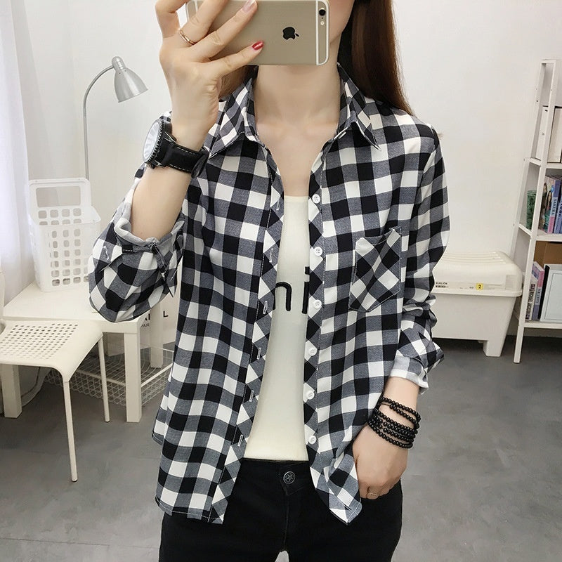 Casual Slimming Women's Long Sleeve Plaid Shirt