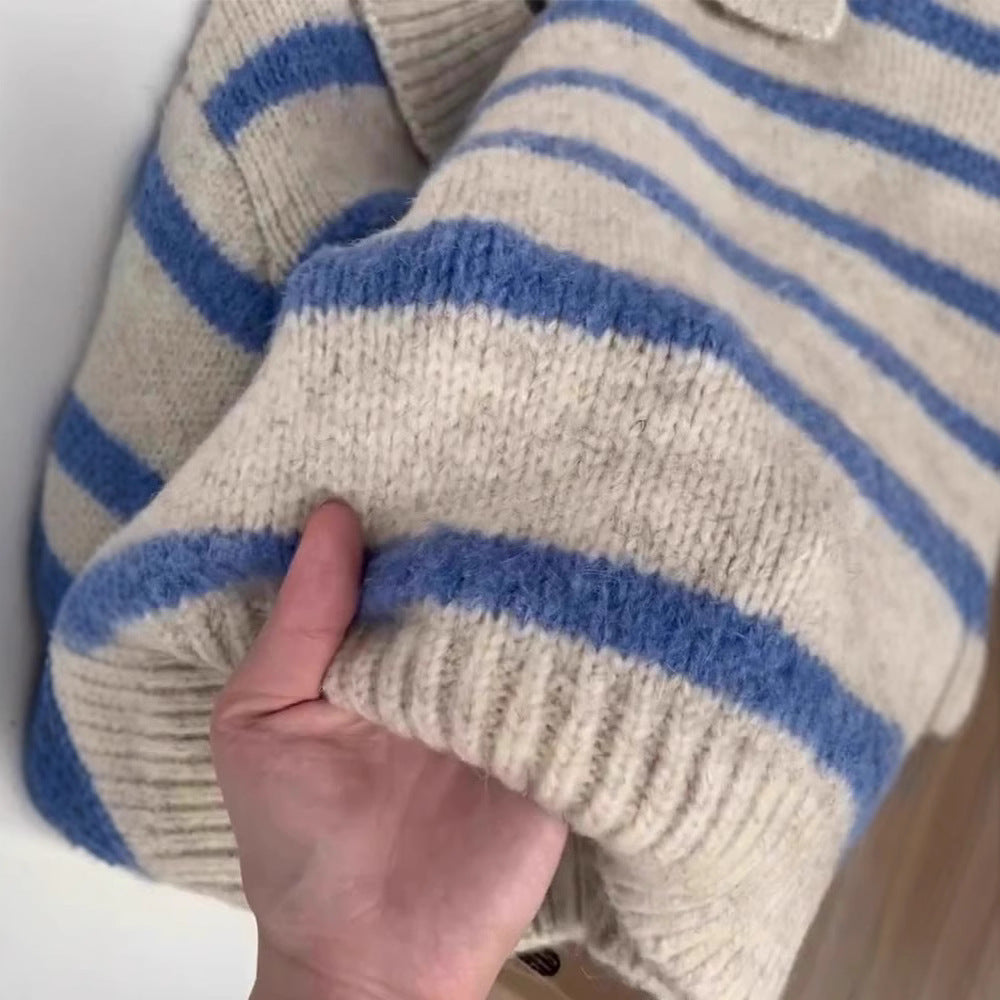 Blue Striped Polo Lapel Long Sleeve Soft Glutinous Sweater