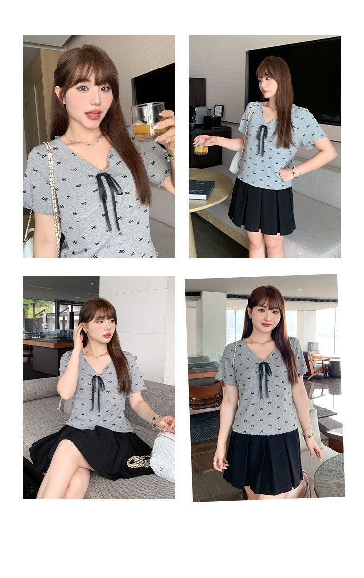 Sweet V-neck Bow Printed Shirt T-shirt