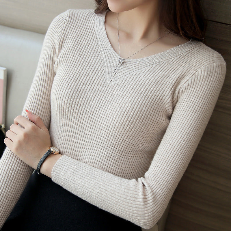 Women's Slim-fit Long-sleeved Pullover Skinny V-neck Sweater