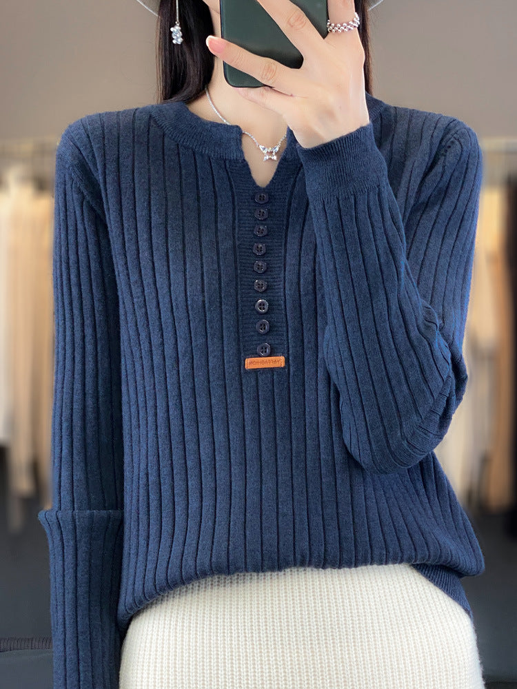 Long Sleeve Round V-neck Sweater Solid Color