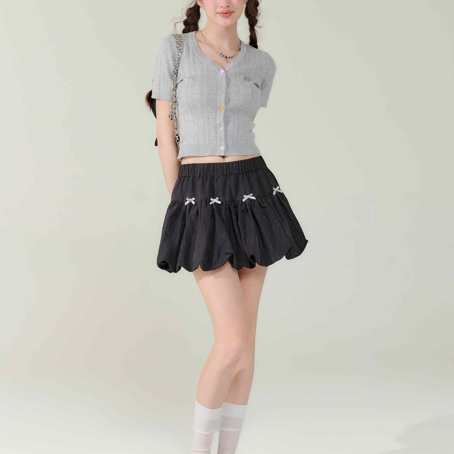 Bow Elastic Waist A- Line Bud Skirt