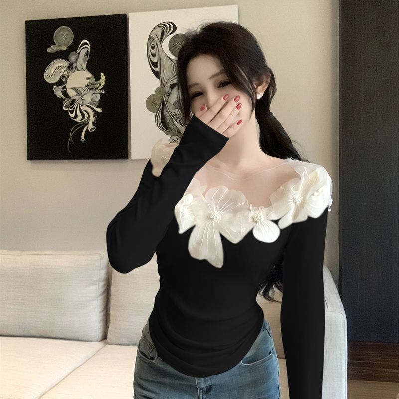 Womens Lace Fashionable Slim-Fit Floral T-Shirt