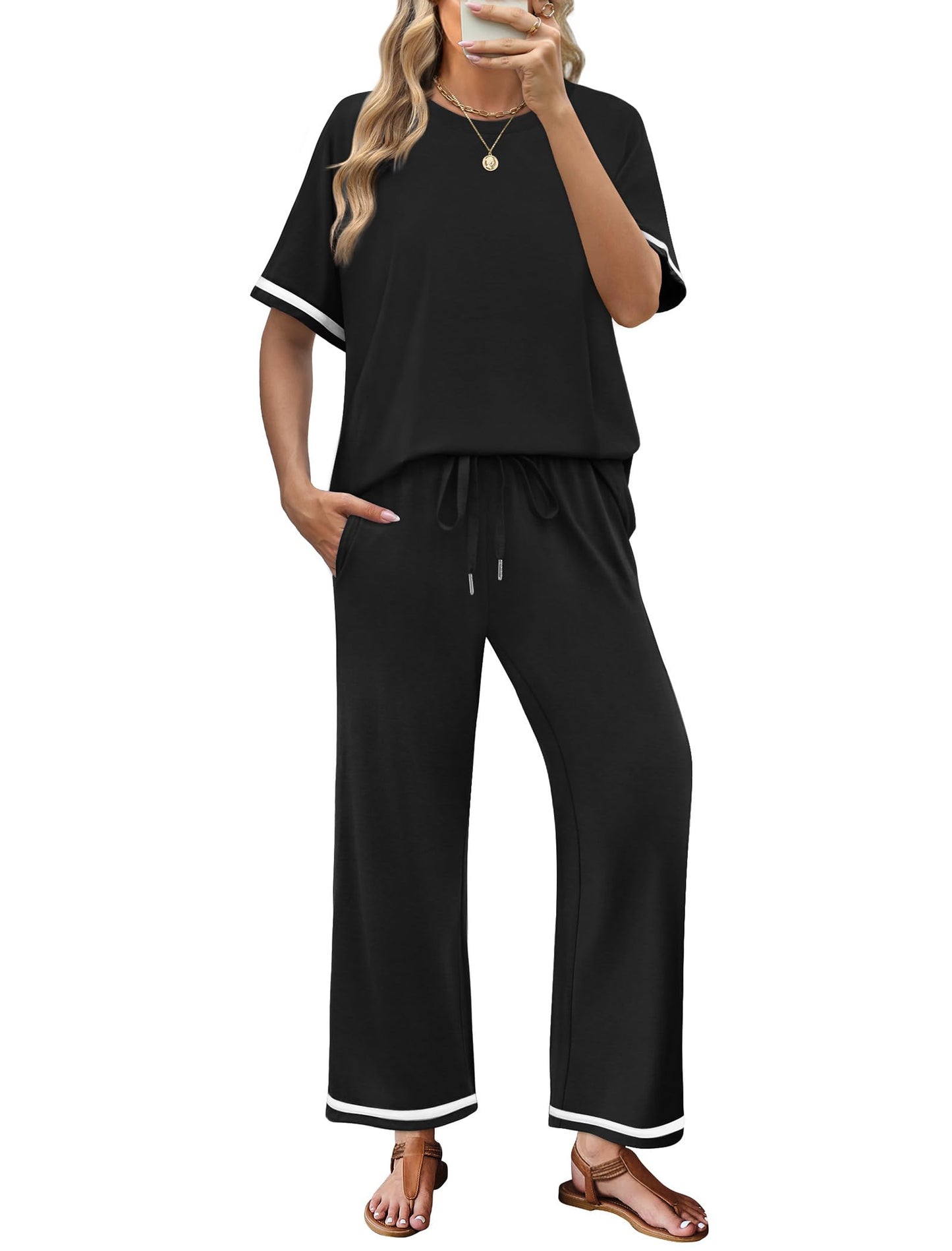 Elegant  Casual  Comfortable Pants And Short-Sleeve Top Two-Piece Set For Women