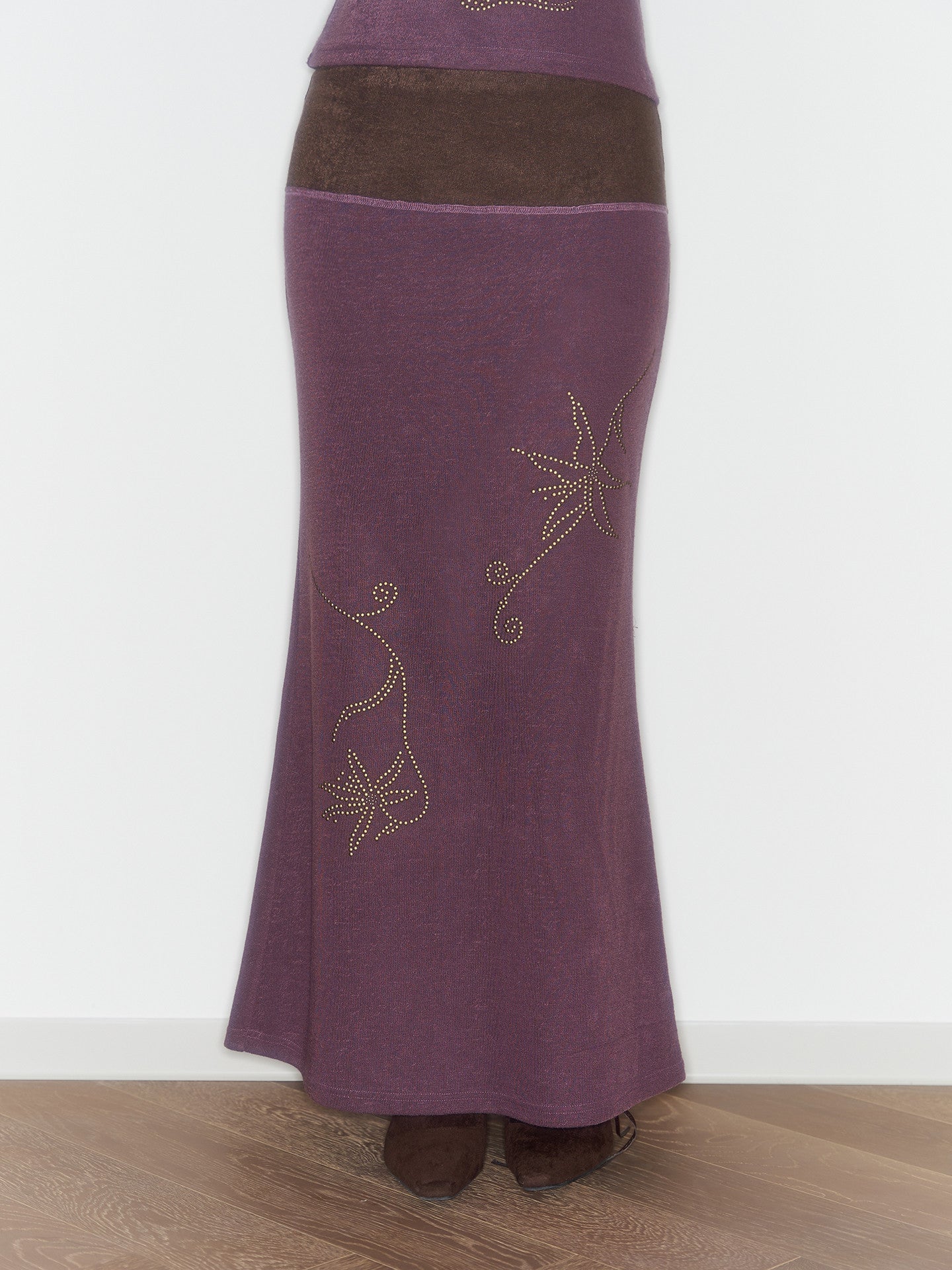 Purple And Coffee-Colored Soft Cozy Towel-Weave Base-Layer Set Dress In A Botanical Style For FallWinter
