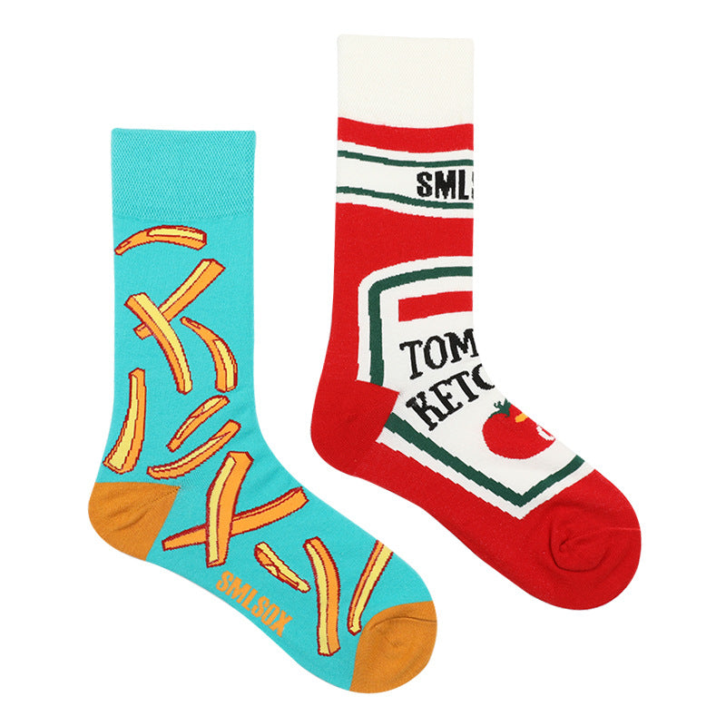 Asymmetrical Color Retro Personality Male And Female Couple Mid-length Cotton Socks