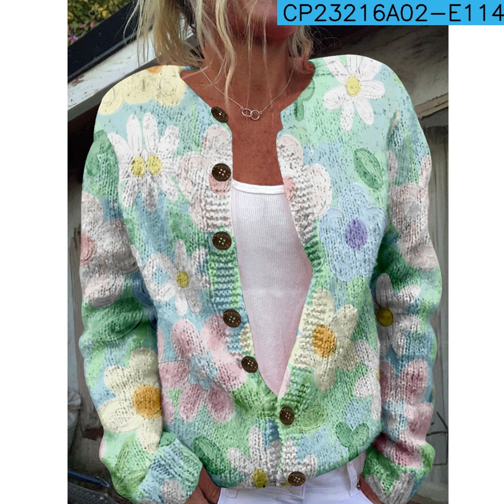 Ny strikket cardigan med 3D-print i løs pasform til damer – efterårs- og vinterstil