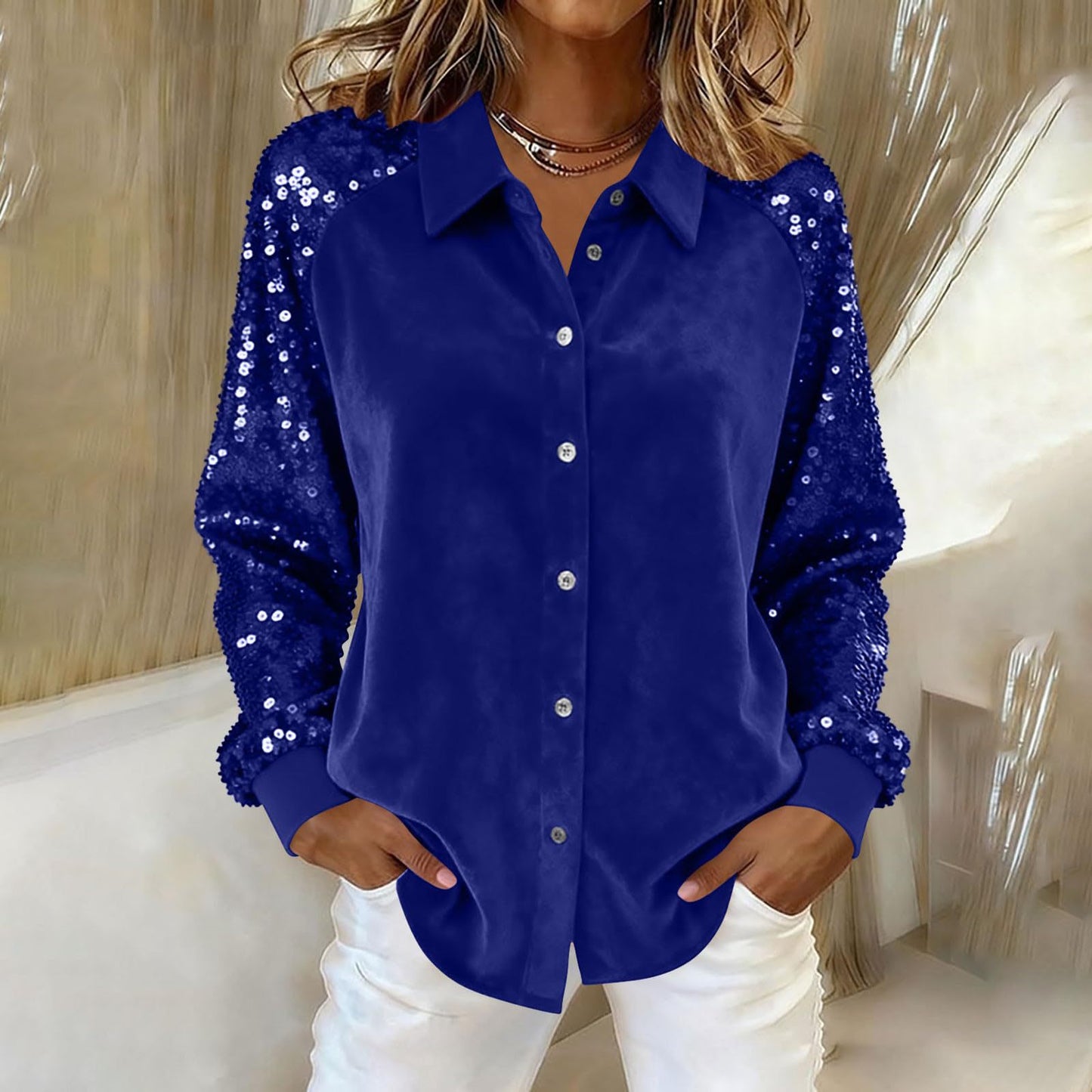 New Womens Long-sleeve Shirt In Gold Velvet With Sequin Patchwork