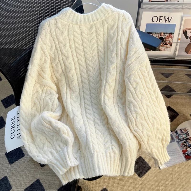 Womens Solid-Color Loose Soft Textured Cable-Knit Sweater Jacket