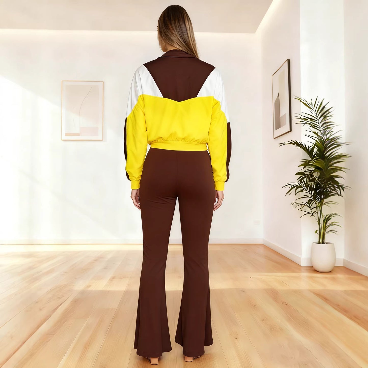 Womens Autumn Color-Block Casual Two-Piece Set