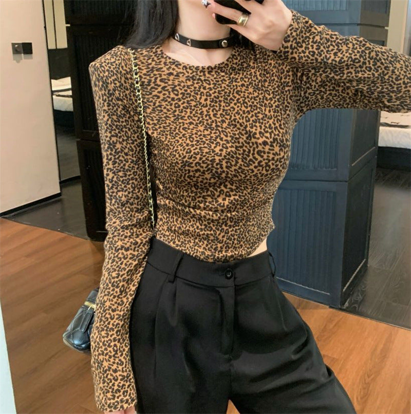 French-style Slimming, Chic Round-neck Leopard-print Top
