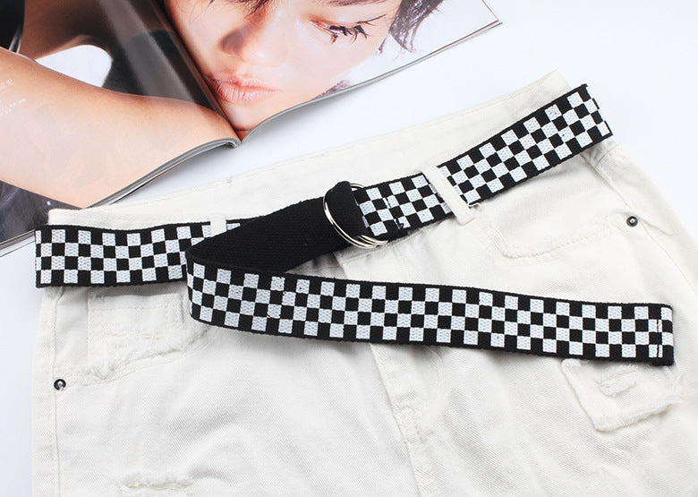 New Nylon Canvas Student Belt Fashion All-match Pant Double Ring Buckle Plaid Printed Jeans Belt