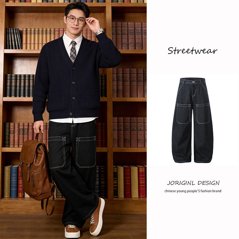 Womens Denim Wide-Leg Pants With Exposed Stitching On The Tool Pockets