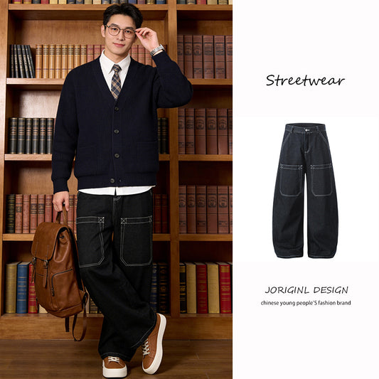 Womens Denim Wide-Leg Pants With Exposed Stitching On The Tool Pockets