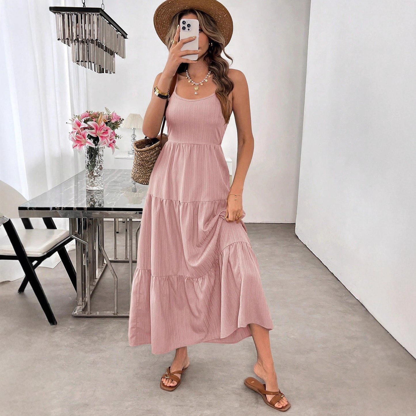 Backless Spaghetti-strap Tiered Maxi Dress With A Tie And A Large Bow At The Waist