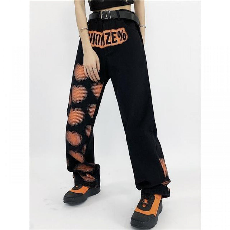 Love Letter Print Overalls Men's And Women's Loose Straight Trousers