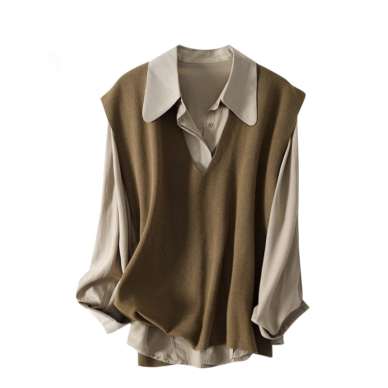 Knitted Vest Long Sleeved Shirt Two-piece Set