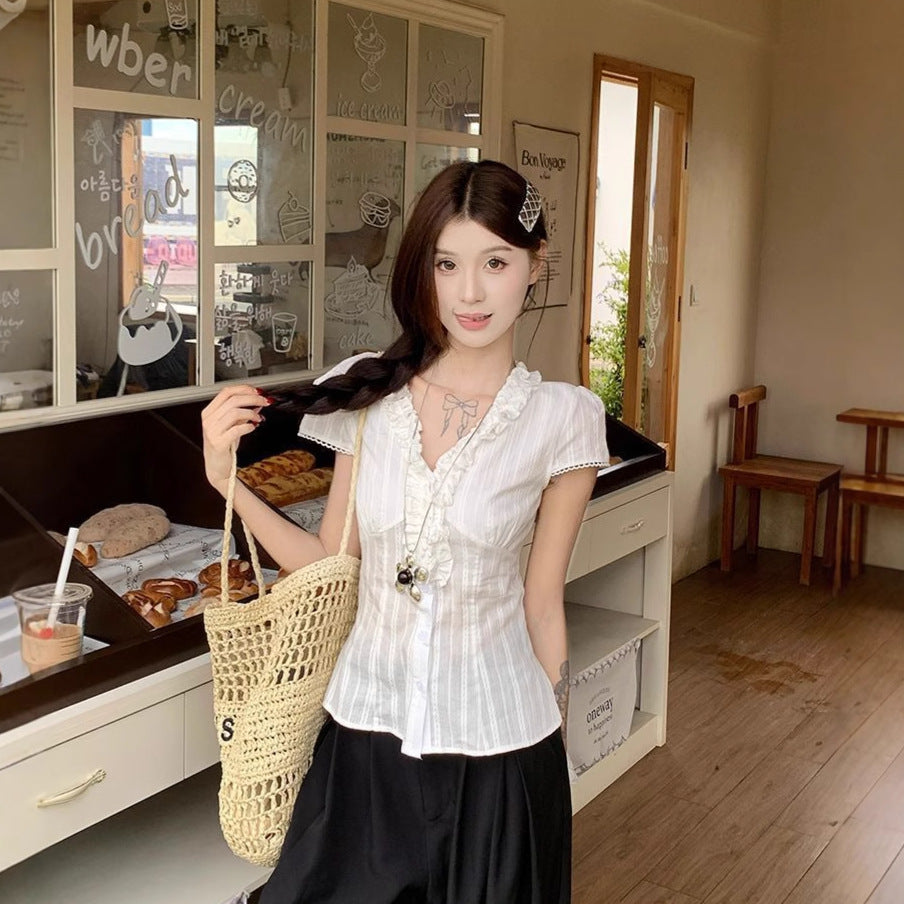 French Style Vintage Ruffled Short Sleeve Women's White Waisted Slimming