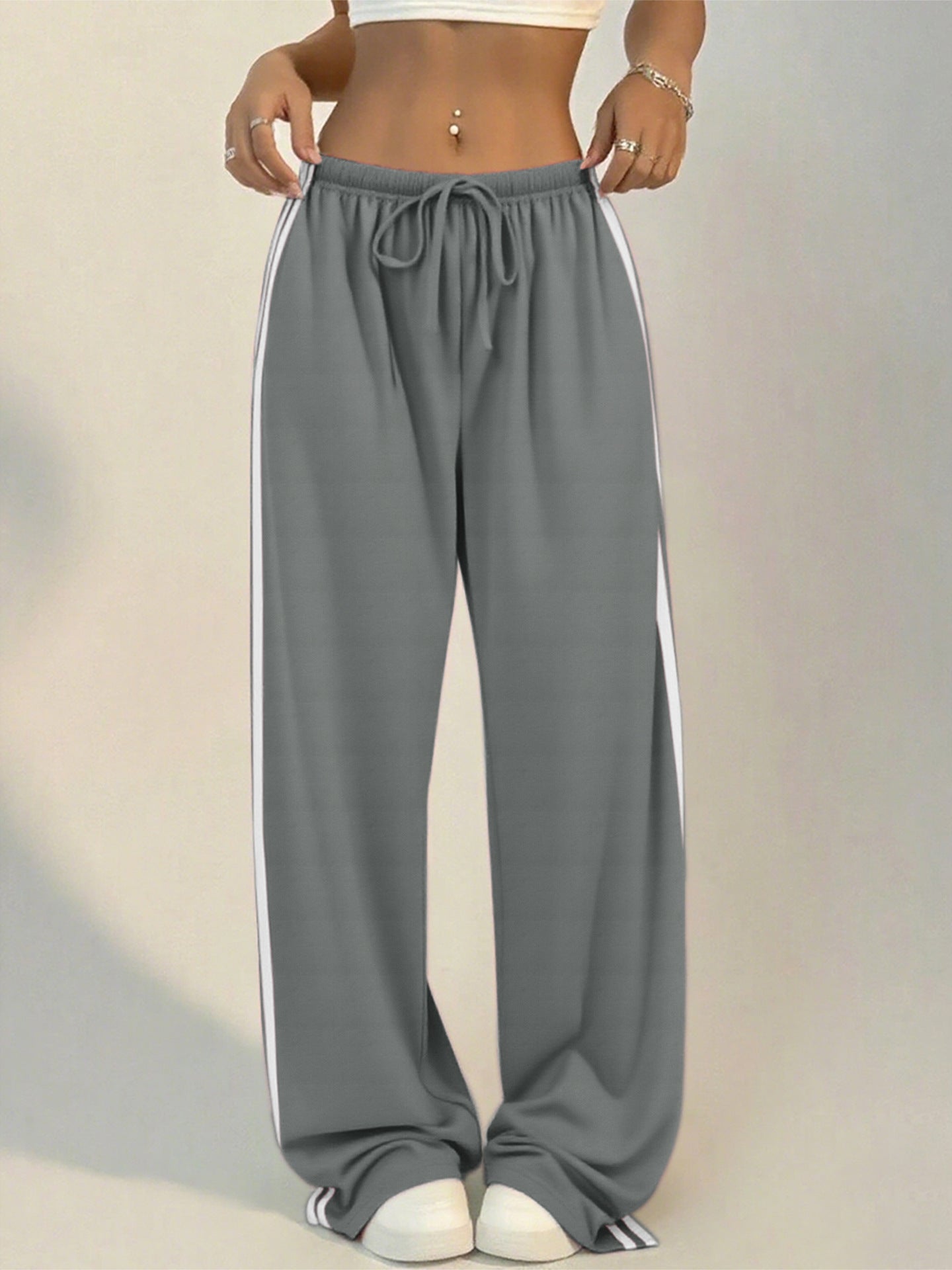 Womens Striped Slit-Edge Wide Leg Casual Pants