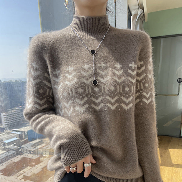 Autumn And Winter New Half Turtleneck Jacquard Thickened Knitting Loose Top