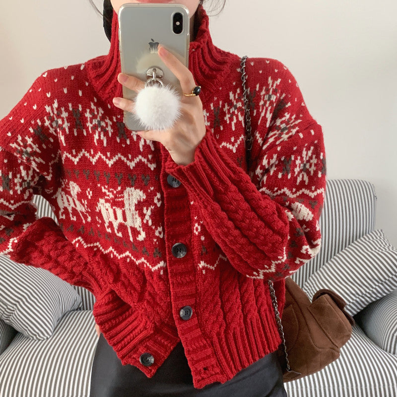 Jacquard Stand Collar Single-breasted Soft Glutinous Sweater Cardigan Coat