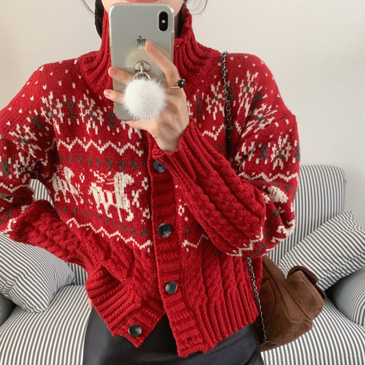 Jacquard Stand Collar Single-breasted Soft Glutinous Sweater Cardigan Coat