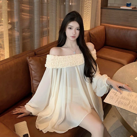 Off-shoulder Langærmet Chiffonskjorte Løs Mellemlang Tynd Top