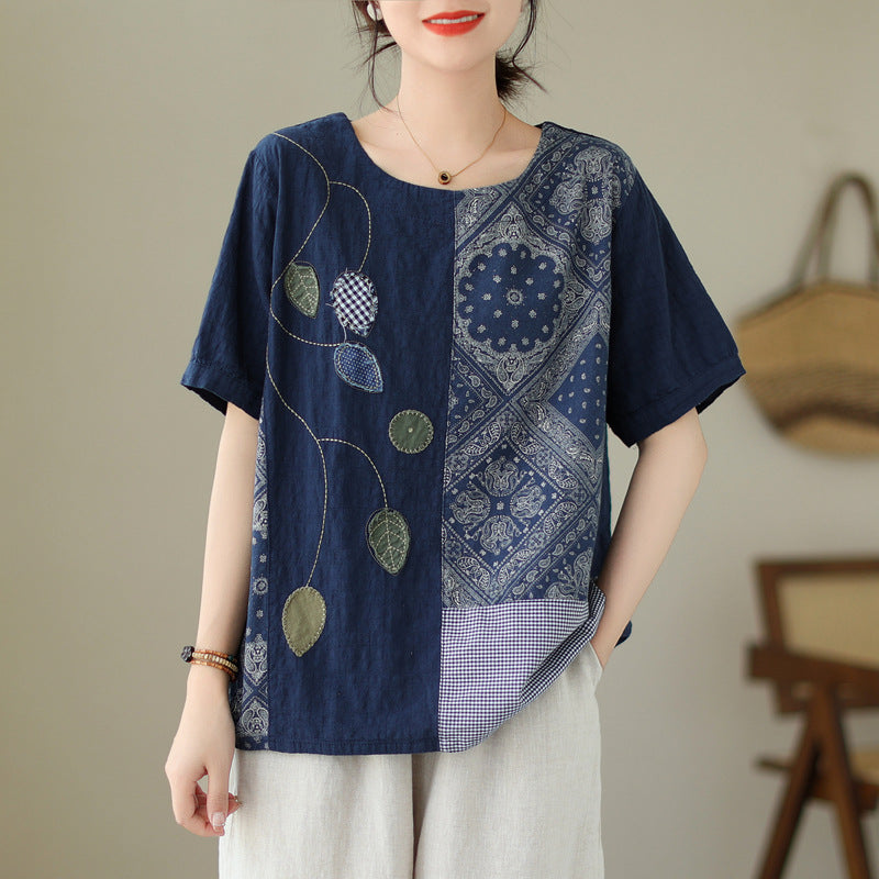 Retro Embroidered Striped Printed Leaf Stripe Twill Embroidered Short T-shirt