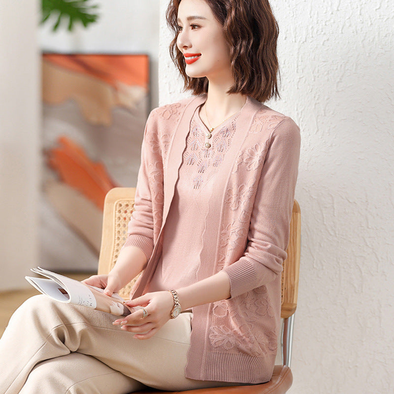 Spring Wear For Moms Fashionable Jacket Thin Knitted Cardigan Two-piece Suit