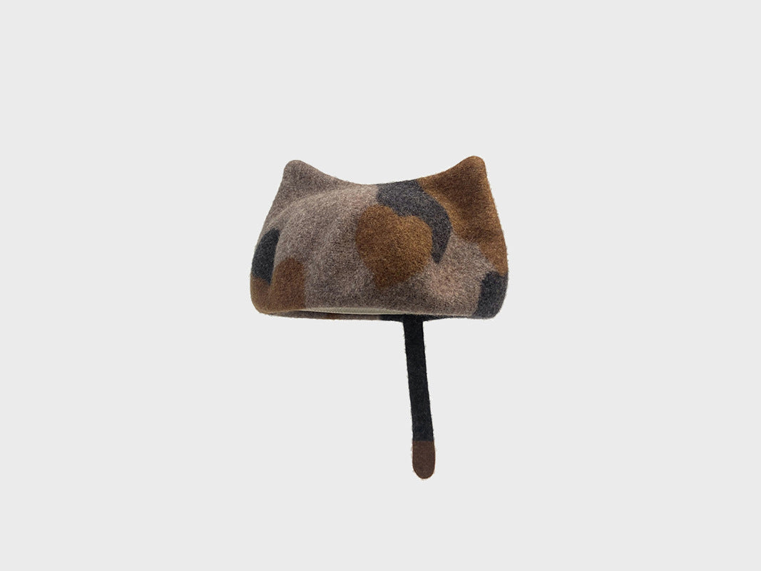 Cute Little Tail Cat Ears Wool Beret Fashion Octagonal Cap