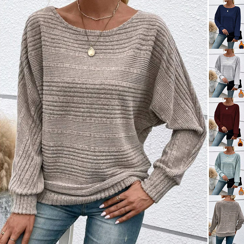 Ensfarvet Stribet Batwing-ærmer T-shirt Mode Casual Pullover Rund Hals Langærmet Top Forår Og Efterår Dametøj