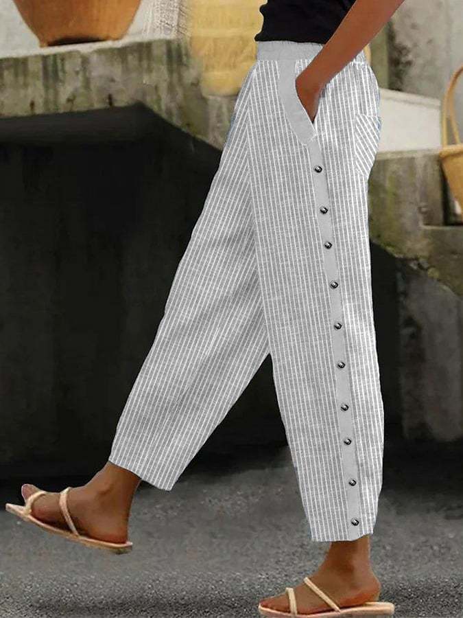 Printed Striped Button-binding Elastic Waist Cropped Pants