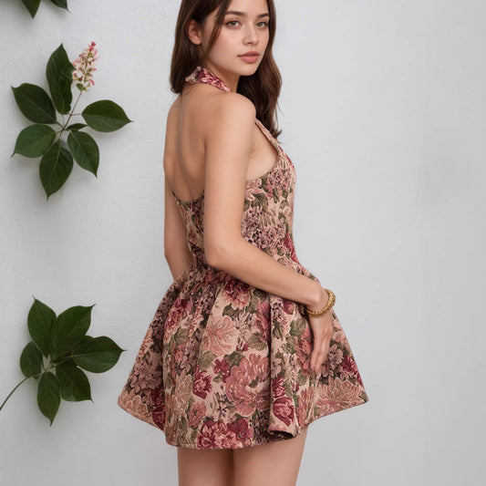 Womens Strapless Cinched Waist Floral Mini Backless Dress