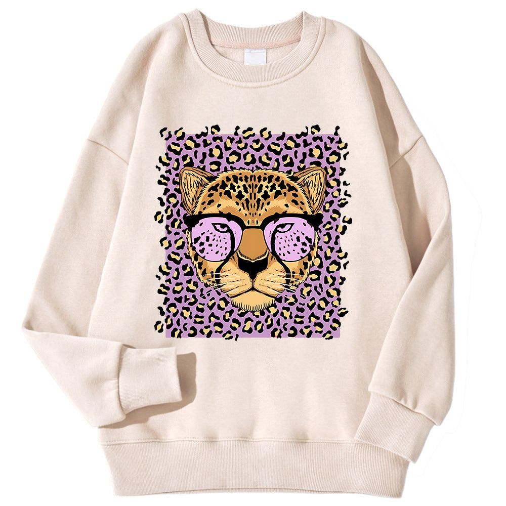 Afslappet løs sweatshirt med fleecefor til kvinder med leopardprint
