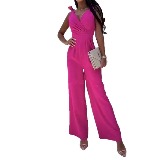 Fashionable Solid-Color V-Neck Sleeveless Long Jumpsuit