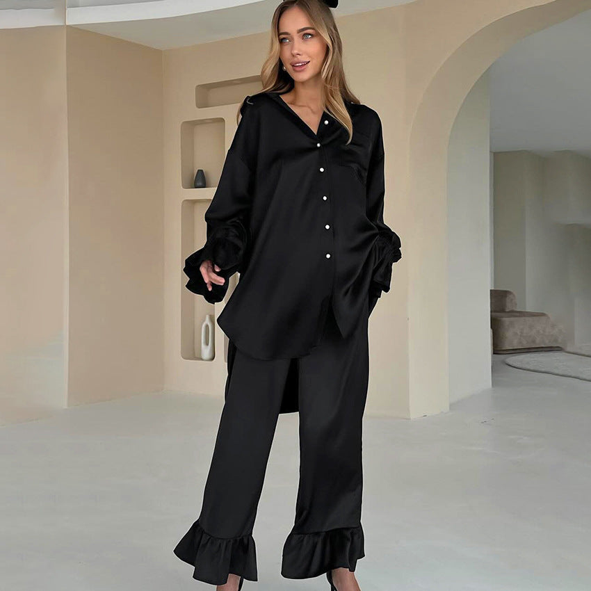 Womens Flounce-Trimmed Loose Long-Sleeve Top And Pants Two-Piece Set