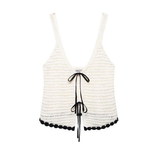 Summer Contrast Color Knitted Bowknot Decoration Crocheted Top