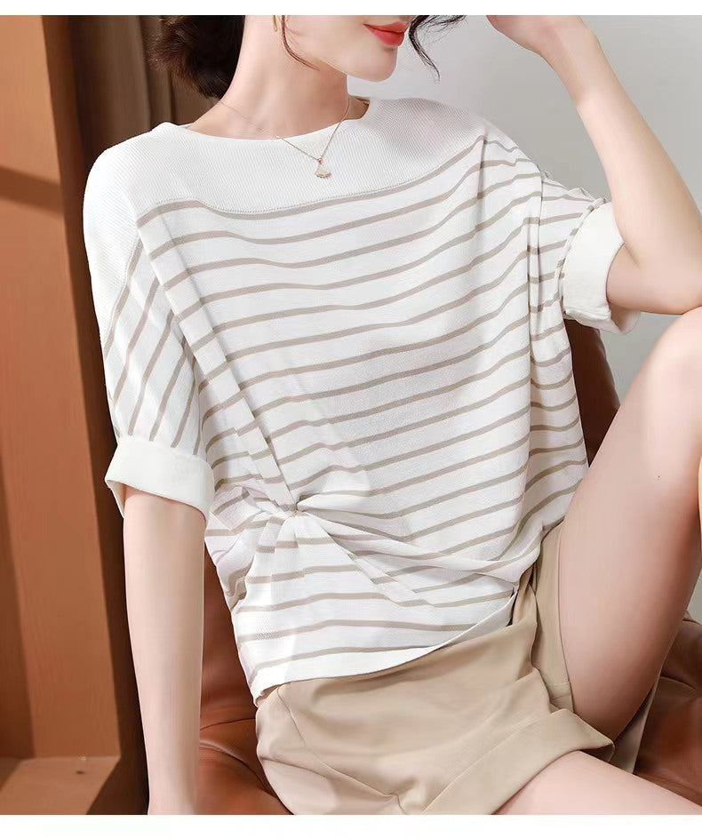 Women's Off-neck Ice Silk Short Sleeve Knitwear All-match Loose Striped Top