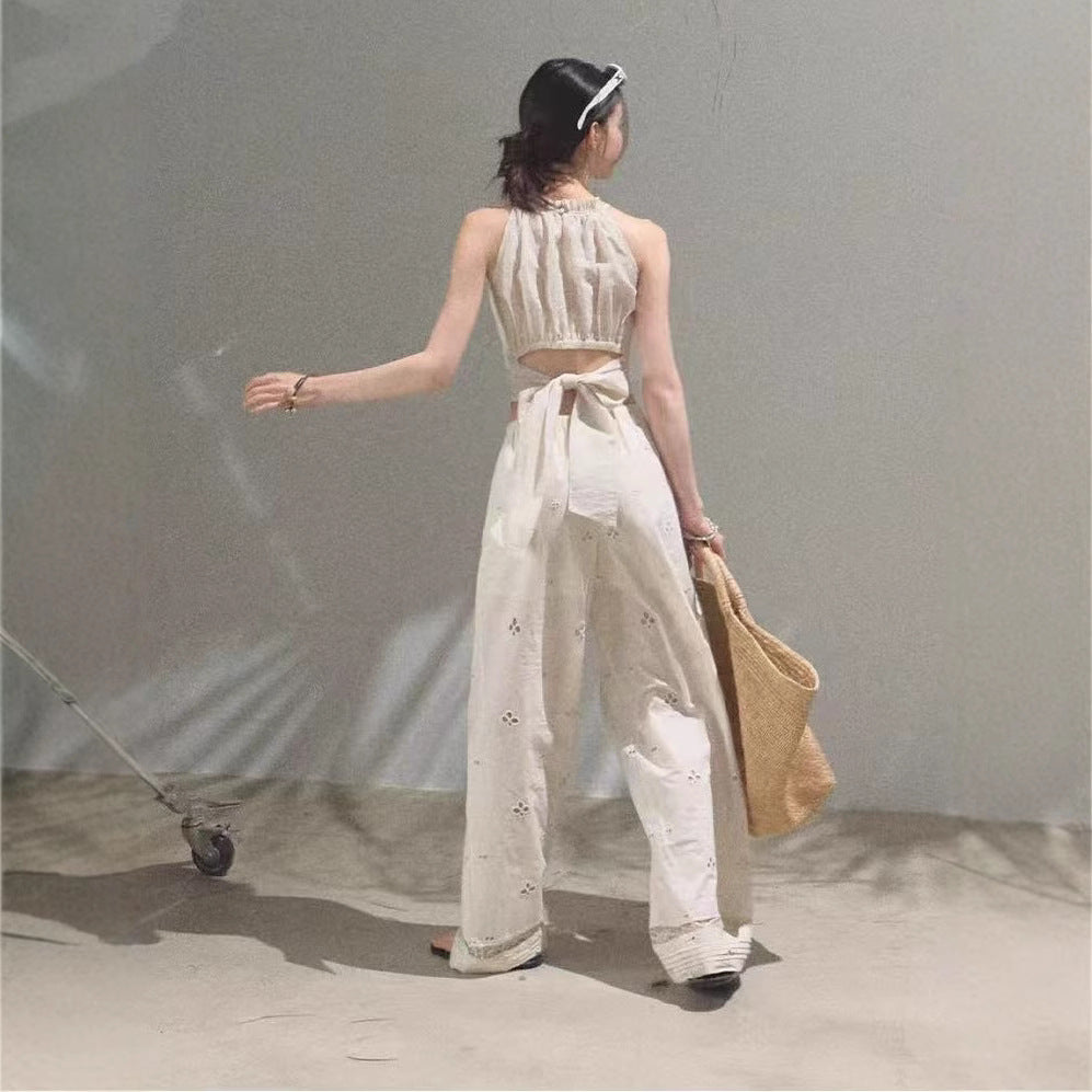 Cotton Paisley Hollow Embroidered Holiday Casual Drawstring Trousers