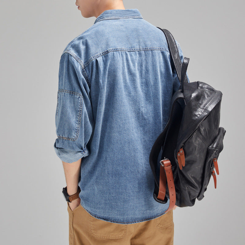 Japanese Style Loose Plus Size Casual Men's Denim Coat Long Sleeve Shirt