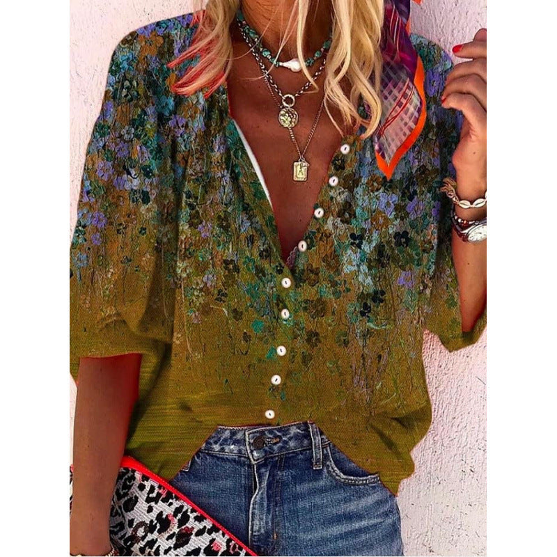Floral-print Long-sleeve Top Fashionable V-neck Blouse For Women 3D