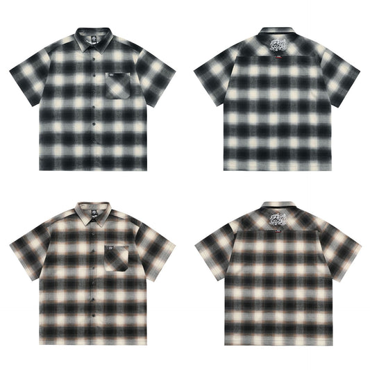 Large Plaid Classic Pocket Half Sleeve Cardigan Short Sleeve Shirt