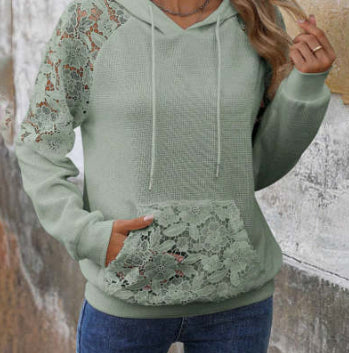Women's Pullover Hooded Lace Panel Sweatshirt