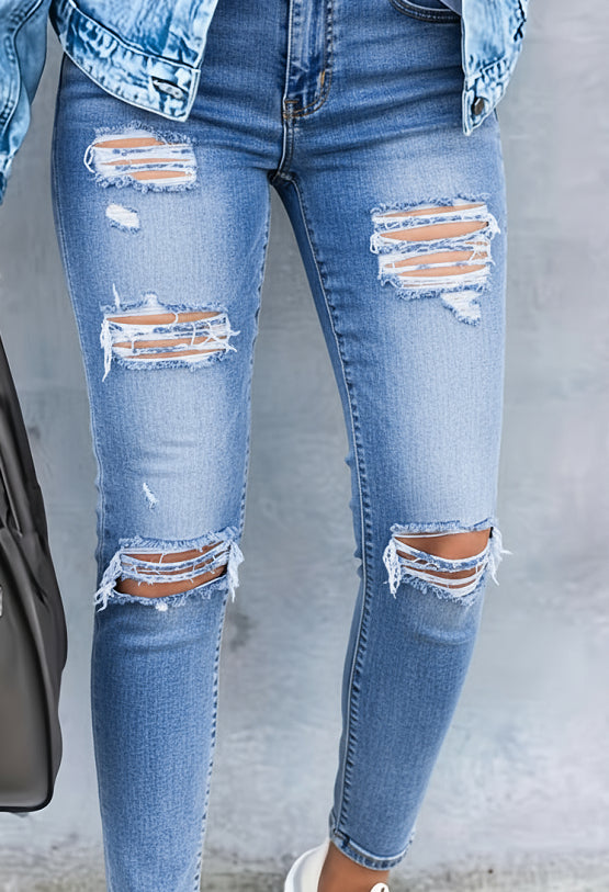 Black And White Stretch Ripped Jeans Women's Leggings